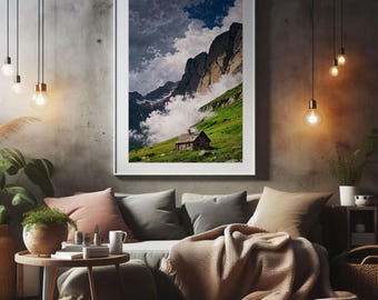 Mountain Cabin Landscape Print, Alpine Meadow Wall Art (Digital Download)