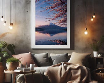 Cherry Blossom Mount Fuji Print, Japanese Landscape Wall Art (Digital Download)