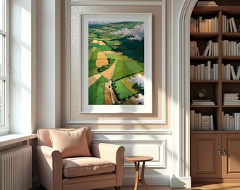 Aerial Farmland Wall Art, Patchwork Fields Landscape Print, Countryside Geometry Canvas, Nature Decor