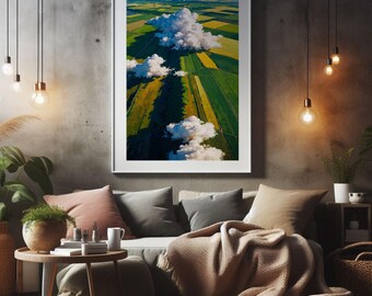 Aerial Field Landscape Print, Dramatic Cloud Shadows, Countryside Wall Art (Digital Download)