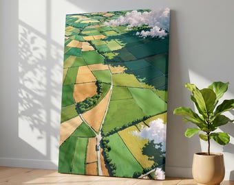 Aerial Farmland Patchwork Canvas Print, Geometric Fields Landscape Wall Art, Rural View Decor