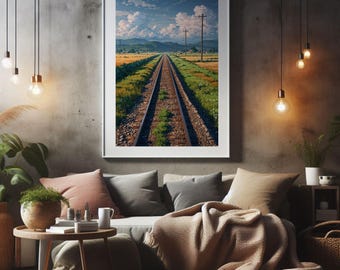 Railway Landscape Print, Endless Track Wall Art, Countryside Travel Decor (Digital Download)