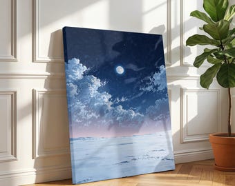 Frozen Night Sky Canvas Print, Moon Over Snow Landscape, Calm Wall Art