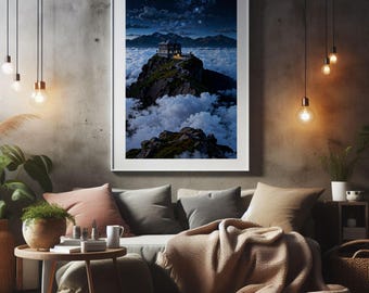 House Above Clouds Print, Dreamy Mountain Night Sky Landscape (Digital Download)