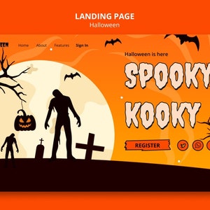 Halloween Landing Page Website Templates, bearbeitbar (PSD oder AI/ESP). Landingpage gestalten. Erstelle eine schnelle Halloween Landing Page. Veränderbar!