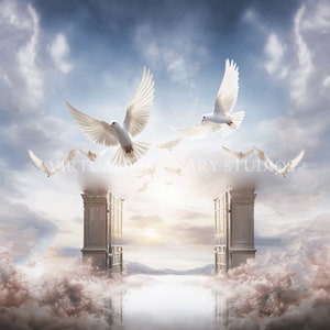 Memorial Background With Doves and Gates | Heavenly Background, Memorial Backdrop, In Loving Memory, Funeral, Heaven Graphic, Christian Art