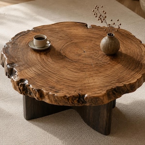 May include: A round coffee table featuring a natural live-edge wood slab top with visible grain patterns and a dark brown finish. The table is supported by a sturdy, dark-toned cross-shaped base. A small ceramic cup and a vase are on the surface.