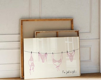 Vintage Bikini Set, I'm Just A Girl Poster, Summer Poster, Bikini Hand Drawn, Bathing Suit Poster for Apartment
