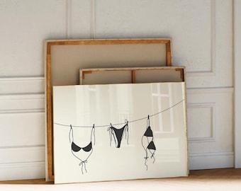 Vintage Bikini Set, Summer Poster, Meet Me At The Beach Decor, Bikini Hand Drawn Poster, Bathing Suit Poster for Apartment