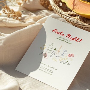 Plantilla de invitación a fiesta, tarjeta de invitación a la noche de pasta, plantilla de Canva editable, tarjeta de invitación de tomate, fiesta de pasta, plantilla de invitación a cena