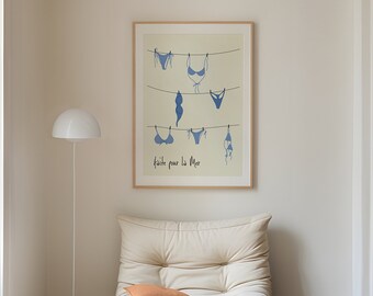 Vintage Apartment Decor, Summer Poster, Coquette Room Decor, Bikini Hand Drawn Poster, French Poster for Apartment