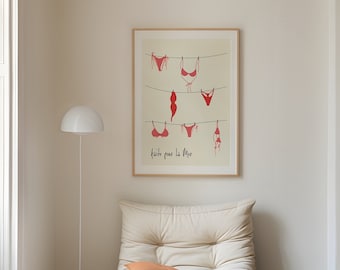 Vintage Apartment Decor, Summer Poster, Coquette Room Decor, Bikini Hand Drawn Poster, French Poster for Apartment