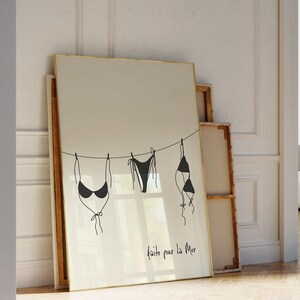 Vintage Bikini Set, Sommer Poster, Triff mich am Strand Dekor, Bikini handgezeichnet, Badeanzug Wandkunst, Faite Pour La Mer Poster