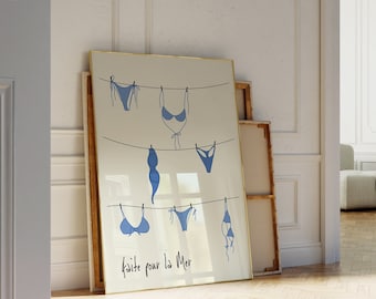 Vintage Apartment Decor, Summer Poster, Coquette Room Decor, Bikini Hand Drawn Poster, French Poster for Apartment, Laundry Day Poster