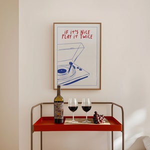 Musica artistica artistica, arte da parete con musica groovy retrò Play It Twice Poster con giradischi, regalo per amanti della musica Mostra vintage Poster francese alla moda