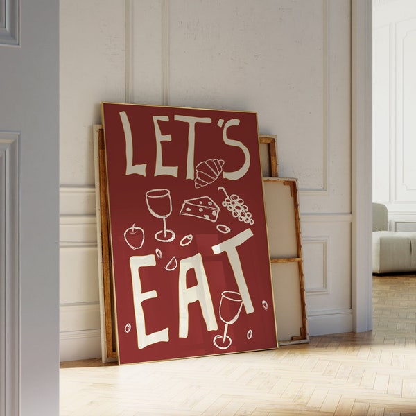 Let's Eat Retro Poster, Food Poster, Retro Print, Vintage Poster, Retro Food Art, Barcart Decor, Aesthetic Kitchen Decor for Apartments