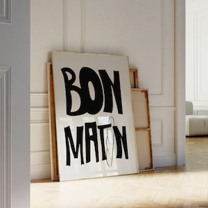 フランスのポスター壁キッチン装飾デジタルダウンロードBon Matinの引用句白黒ポスターマキシマリストキッチンフード愛好家
