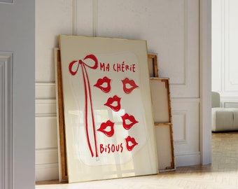 Vintage Apartment Decor, Ma Cherie, Red Bow Poster, Coquette Room Decor, Ma Cherie Hand Drawn French Poster for Appartment, Cherry Wallart