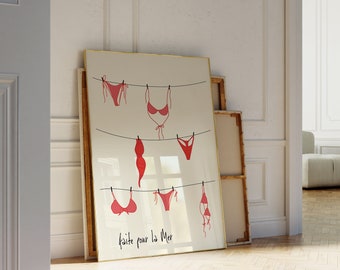 Vintage Apartment Decor, Coquette Room Decor, Bikini Hand Drawn Poster, French Poster for Apartment