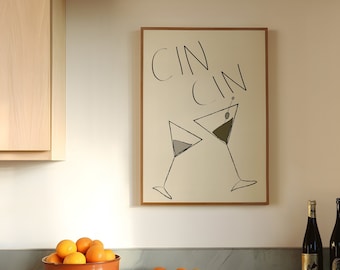 Cin Cin Martini Art Print: Retro Bar Cart Poster
