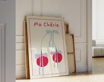 Vintage Apartment Decor, Ma cherie, French Poster, Red Bow Art, Trendy Wallart, Dormroom Decor, Hand Drawn, Girly Artprint, Coquettedecor