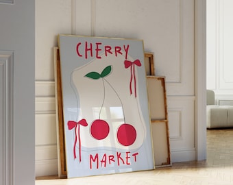 Cherry Poster, Vintage Apartment Decor, Red Bow Poster, Trendy Wallart, Dormroom Decor, Hand Drawn Artprint, Coquette Room Decor
