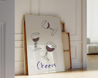Wine Glass Poster Cheers, Drink Barcart Printful, Wine Kitchenwall Art, Digital Download, Retro Drink Artful Print, Wine Artkitchen Print