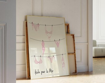 Vintage Apartment Decor, Pink Summer Poster, Coquette Room Decor, Pink Bikini Hand Drawn Poster, French Poster for Apartment
