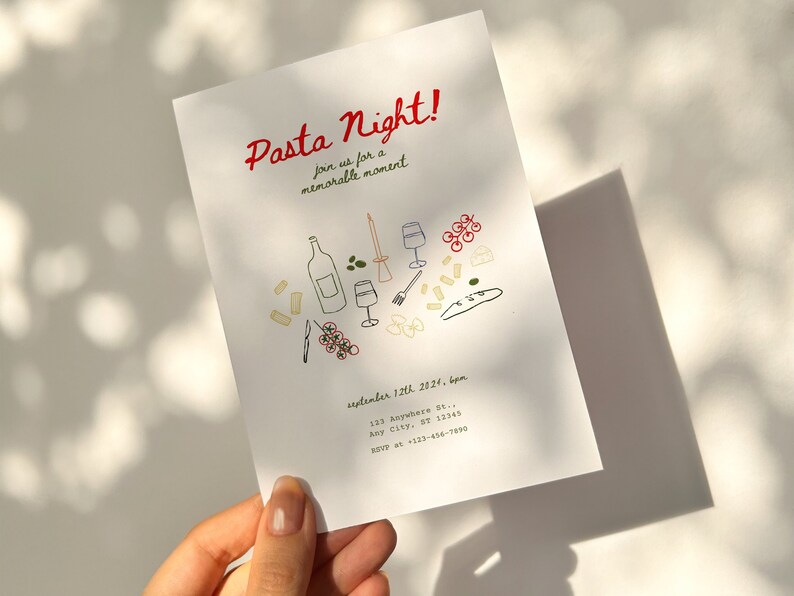 Party Invitation Template, Pasta Night Invite Card, Editable Canva Template, Tomato Invite Card, Pasta Party