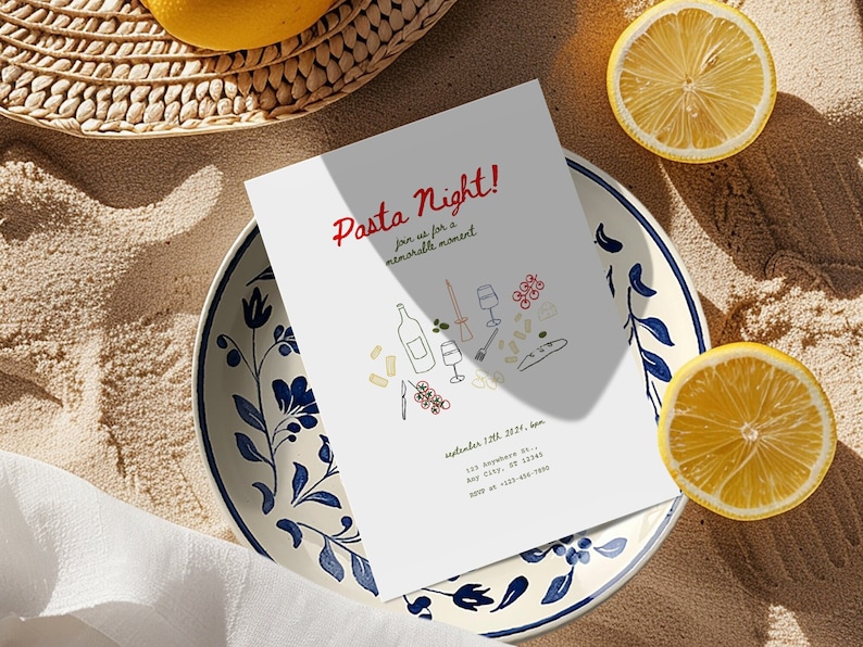 Party Invitation Template, Pasta Night Invite Card, Editable Canva Template, Tomato Invite Card, Pasta Party