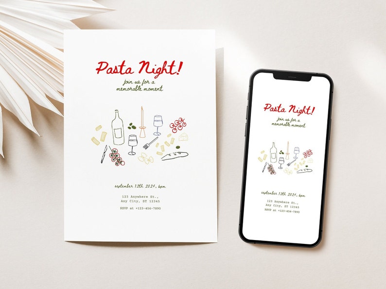 May include: A white invitation card with a red and black handwritten text that says "Pasta Night!" and a doodle of a bottle of wine, glasses, pasta, and bread. The invitation includes the date, time, address, and RSVP information.