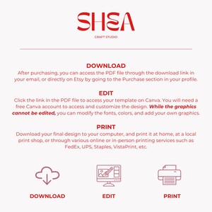 May include: A red graphic with the text "SHEA CRAFT STUDIO" at the top. Below the text are three steps for downloading, editing, and printing a digital design. The steps are illustrated with icons: a cloud with a downward arrow, a computer screen with a pencil and a picture, and a printer. The text "DOWNLOAD", "EDIT", and "PRINT" are below each icon.