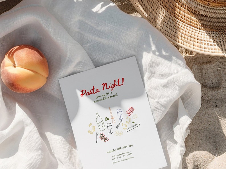 Party Invitation Template, Pasta Night Invite Card, Editable Canva Template, Tomato Invite Card, Pasta Party