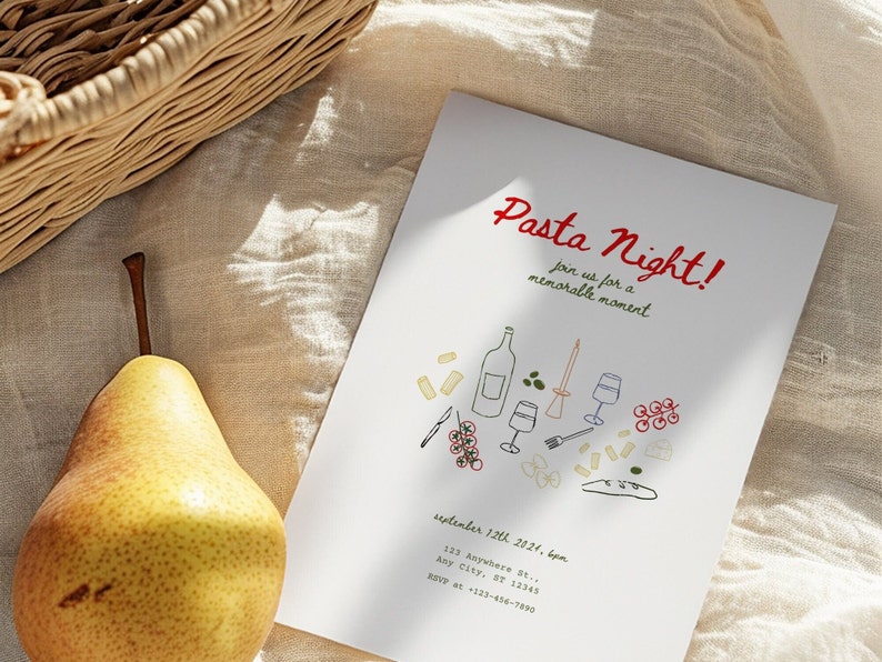 Party Invitation Template, Pasta Night Invite Card, Editable Canva Template, Tomato Invite Card, Pasta Party