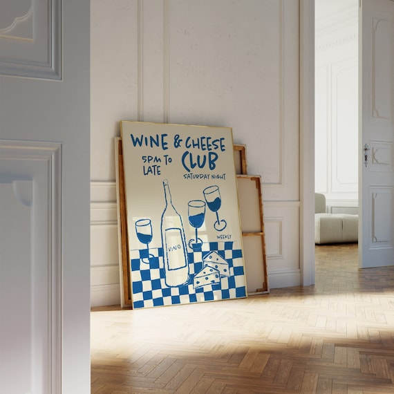 Wine and Cheese Club Retro Art Print: Bar Cart Decor (Digital Download)