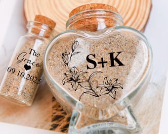 Custom Honeymoon Sand Bottle,Custom Honeymoon Heart Glass Jar,Wedding Bridal Shower Bottle, Beach Holiday Keepsake Bottle,Honeymoon Memories