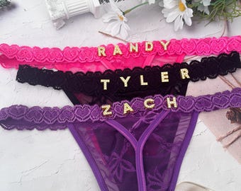 Custom Name Thong, Thong with Name, Lace Thong, Crystal Name Lingerie,monogram G-Strings, Anniversary Gifts, Valentine's Day Gifts.