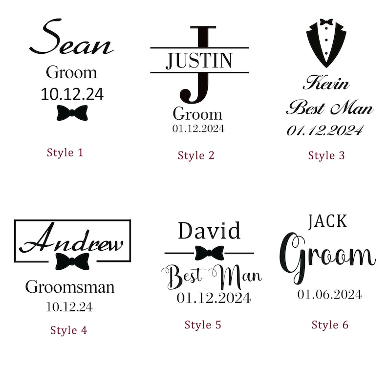 Puede incluir: Seis estilos diferentes de dise&ntilde;os de regalos personalizados para bodas o padrinos de boda. Cada dise&ntilde;o presenta una corbata de lazo, el nombre del destinatario y la fecha del evento. Los dise&ntilde;os est&aacute;n etiquetados con el texto "Style 1" a "Style 6".