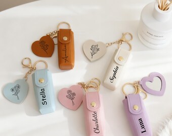 Personalized Lipstick Holder Keychain With Name,Engraved Birth Flower Lipstick Case Keychain With Name,Wedding/Birthday Gift,Bridesmaid Gift