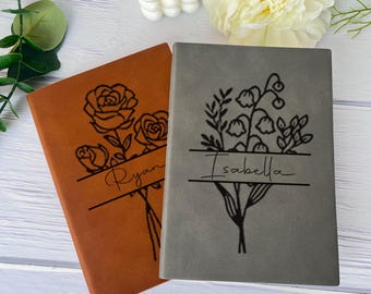 Personalized Leather Journal,Birth Flower Name Journal, Engraved Journal, Custom Journal Notebook, Birth Month Flower Gift, Birthday Gift.