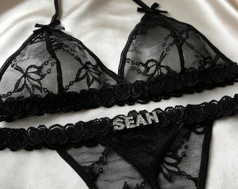 Personalized Name Lingerie Set,Name Bra,Custom Crystal Name Lingerie Sets,Custom Name G-strings,Valentine's Day Gifts,Anniversary Gifts