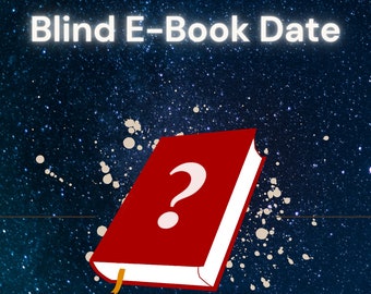 Puede incluir: Un libro rojo con un signo de interrogación en la portada. El libro está sobre un fondo azul oscuro con estrellas blancas. El texto "Blind E-Book Date" está en la parte superior de la imagen.
