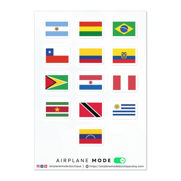 Ausgeschnittener Aufkleberbogen der Flaggen der südamerikanischen Länder | Aufkleber für Reisende| Südamerika Länderfahnen | Flaggen der Welt