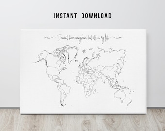 Carte du monde à colorier | Carte de voyage en couleur | Pays de la carte du monde | Carte du monde imprimable | Liste des seaux, carte | Cadeau pour amateur de voyage | Art déco mural