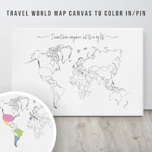 Toile de carte du monde de voyage à colorier/épingler | Affiche en toile | Carte du monde à colorier | Souvenir de voyage | Cadeau pour amateur de voyage | Art déco mural