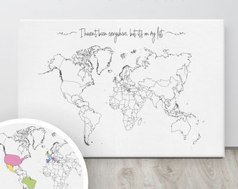 Toile de carte du monde de voyage à colorier/épingler | Affiche en toile | Carte du monde à colorier | Souvenir de voyage | Cadeau pour amateur de voyage | Art déco mural