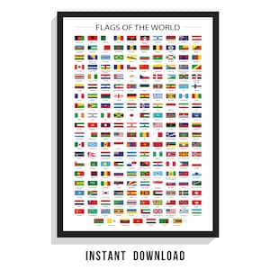 Cartel de banderas del mundo / Gráfico de banderas de países / Arte de pared imprimible para guardería educativa para niños / Decoración moderna del hogar / Impresión digital en la pared