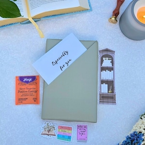 customizable blind date with a book eco friendly book lover gift bundle with drink stickers bookmark surprise idea personalized note