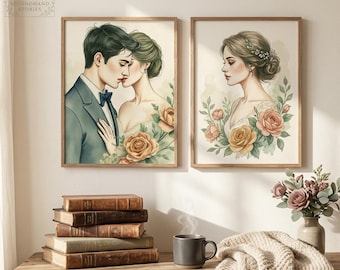 ヴィンテージカップルウォールアート印刷可能結婚記念日ギフトロマンチックな水彩画PDFプリントセット時代を超えた愛の絵画抱擁壁装飾