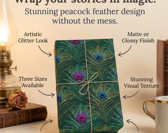 Peacock feather wrapping paper glitter look art print glossy or matte fancy gift wrap for birthday holiday wedding three sizes no glitter